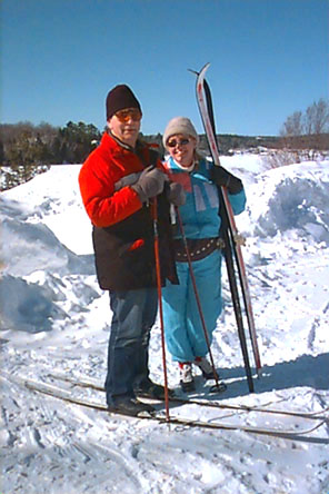Steve and Ann Marie Banner cross-country skiing on trails at Spruce Beach